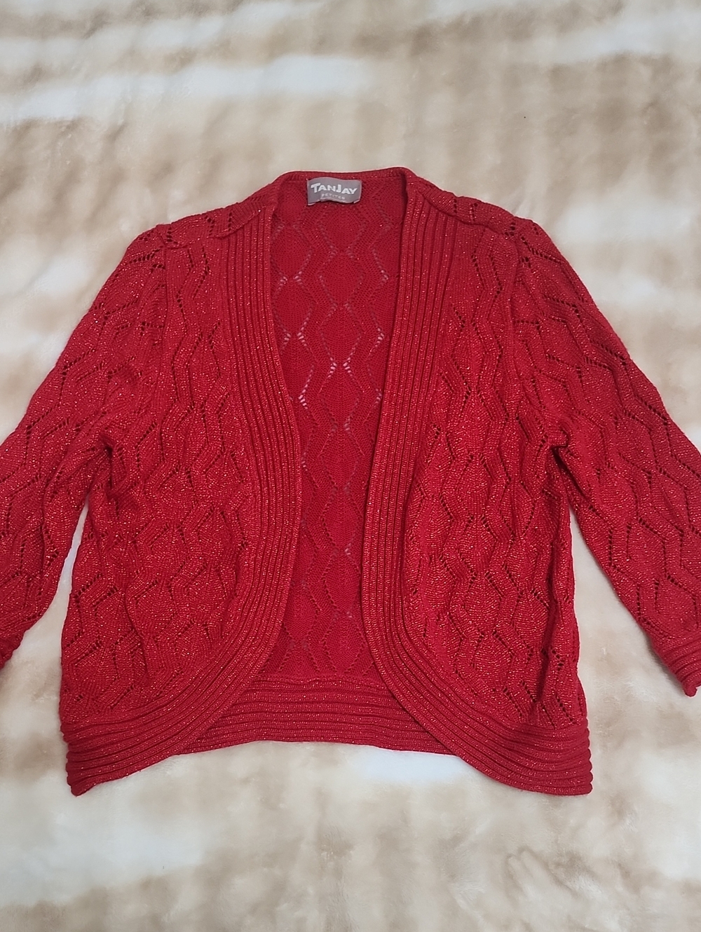 Red Cable Knit Shimmer Cardigan Sweater With Metallic Glimmer